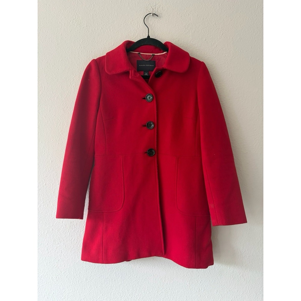 BANANA REPUBLIC Wool Blend Hot Red Buttoned Peacoat Long Coat Size XS Petite